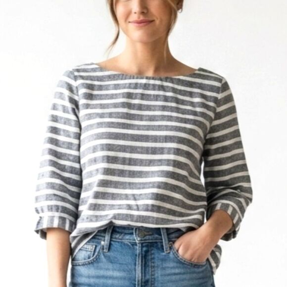 Christian Siriano Tops - CHRISTIAN SIRIANO TOP Linen Blouse Grey/White Stripes 3/4 Sleeve Women Medium US